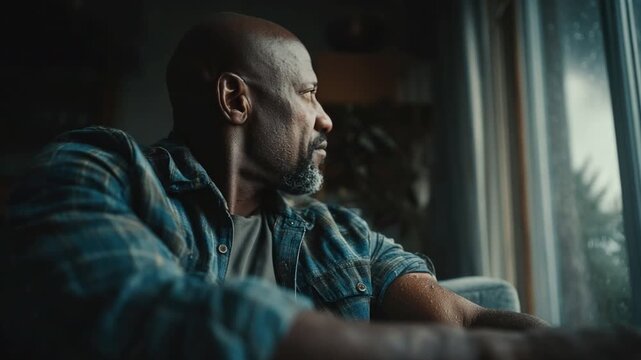 Pensive man lost in thought gazes out window contemplating life in soft natural light, capturing a moment of introspection and reflection on life choices