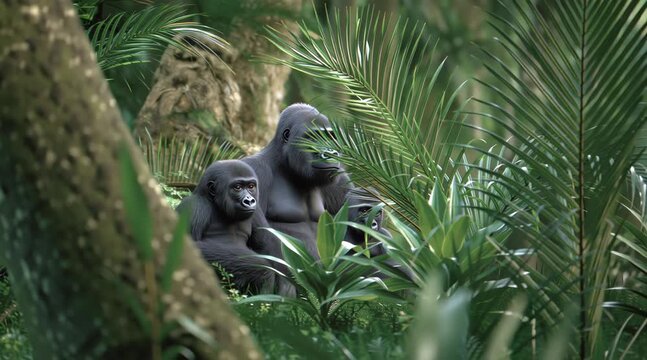Gorilla Family in Tropical Rainforest: A tender moment unfolds as a gorilla family, mother and young, finds serenity within the vibrant green embrace of a tropical rainforest. A symbol of unity.