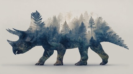 Ethereal Double Exposure Triceratops Silhouette with Misty Blue Forest