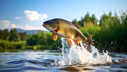 Fish leaping from water, splashing upwards. Sunlit background with vegetation, trees, mountains, and a clear blue sky