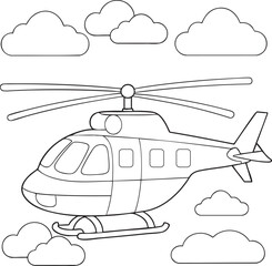 Helicopter flying with clouds outline illustration perfect for coloring and education art