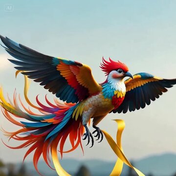 A magnificent, rainbow-colored bird, possibly a phoenix or pheasant, flies through the air holding a flowing golden ribbon in its talons. Its brilliantly colored tail feathers trail dynamically behind