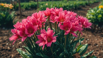 Drawing of pink Dianthus Chinensis blooms in a cultivation setting