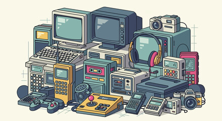 Retro tech collection featuring 80s and 90s electronics, perfect for vintage design projects or nostalgia-themed marketing campaigns