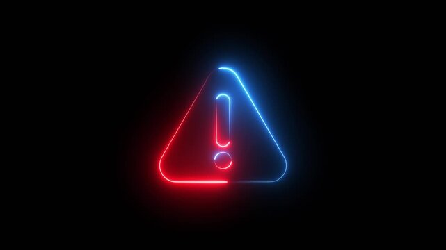 Glowing neon red and blue color warning icon animation isolated on black background