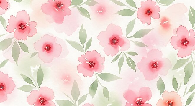 Elegant seamless pattern with pink flowers and green leaves watercolor style - Powered by Adobe