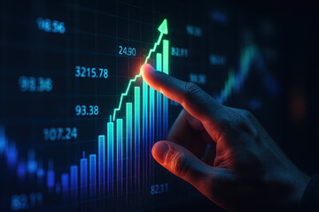 Number growth success and progress finance and investment surge in an upward glowing stock chart traced by hand