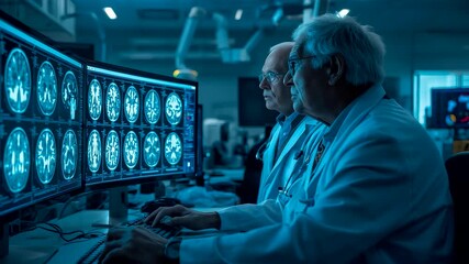 Experienced doctors analyzing detailed brain scan images on multiple computer monitors in advanced hospital diagnostic laboratory environment - Powered by Adobe