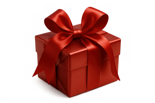 Red gift box with satin ribbon, celebrating special occasion, offering surprise and present, transparent background