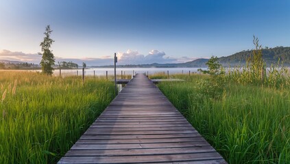Obraz premium Serene summer lakeside landscape, wooden pier shrouded in morning mist, preservation