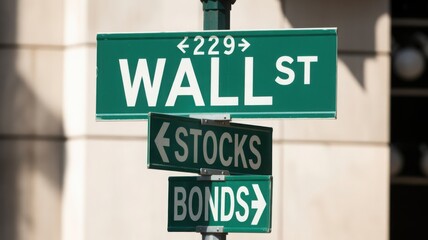 Wall Street Sign: A close-up view of the iconic Wall Street sign, with arrows pointing towards stocks and bonds. This image symbolizes the heart of finance and the bustling world of trading.