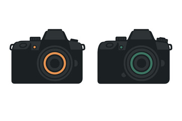 Fototapeta premium Two black professional digital cameras with interchangeable lenses and colored accents