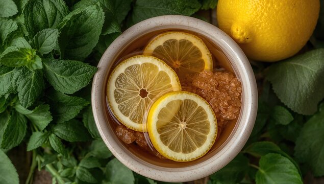 Natural syrup crafted from fresh Plectranthus amboinicus leaves, lemon wedges, and brown sugar, a classic remedy for colds.