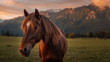 Obraz premium Beautiful horse feeding during sunset with hills behind
