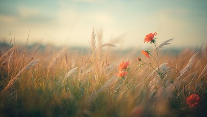 Flowering grass in the morning light, promoting tranquility and relaxation