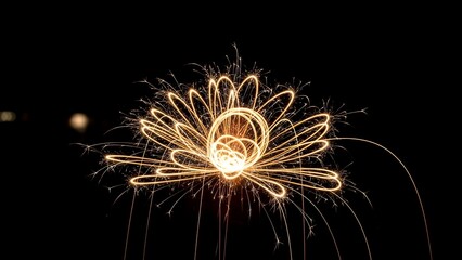 Glowing light flower in the night sky, intricate lines with light trails, unique art