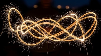 Long exposure shot of a sparkler creating luminous, intricate loops against a dark backdrop