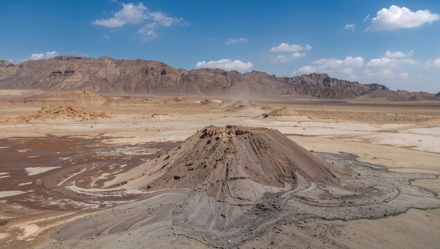 Desert landscape featuring a mud volcano formation
