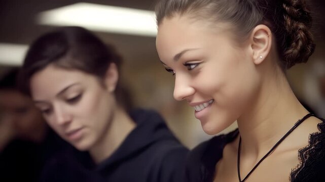 Young Woman Smiling While Focused on Studying