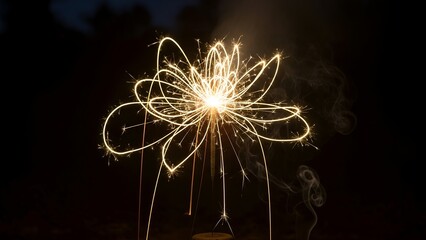 Glowing light trails creating a floral shape against a dark background, sparkler art
