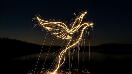 Glowing bird of light with outstretched wings against a dark evening backdrop