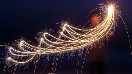 Bright sparks trail across a dark night sky, forming curved light streaks. A person is dimly visible