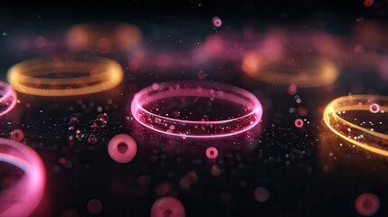 Glowing rings and microscopic particles in a dark futuristic setting