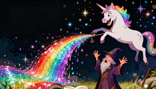 Surprised Wizard Witnesses a Glitter Rainbow Unicorn Bursting from a Magic Storybook under a Starry Night Sky. - Powered by Adobe