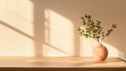 A minimalistic scene featuring a vase with greenery on a wooden table, illuminated by soft shadows from sunlight on a beige wall.