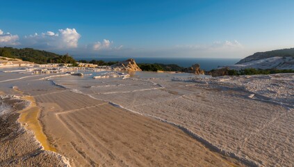 Water patterns and natural textures on travertine surfaces with irregular diagonal lines.
