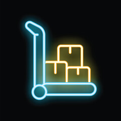 Glowing neon line hand truck and boxes icon isolated on black background. Colorful outline concept. Vector illustration