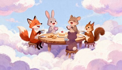 Obraz premium Fantasy Tea Party in the Clouds Adorable Cartoon Forest Animals Sharing Cake and Beverages in the Sky.
