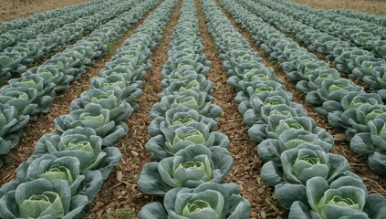 Fototapeta premium Field full of white cabbage plants thriving in a garden for nutritious organic produce.