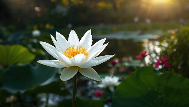 Yellow stamens adorn the white lotus flower in the afternoon light