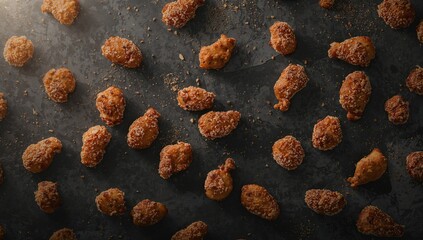 Obraz premium Golden fried chicken bites against a black background. Quick meal concept.