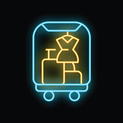 Neon sign representing a clothing rack with a dress and suitcases, ideal for any fashion business