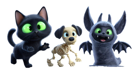 Charming Halloween characters: a black cat, skeleton dog, and spooky bat ready for trick or treating, fun illustrations