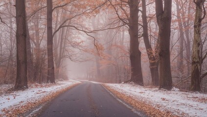 Path through beech trees in foggy early autumn forest with snow covering the earth