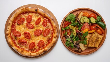 A restaurant table laid out with an appetizing assortment of dishes, featuring a steaming pizza adorned with gooey cheese and fresh red tomatoes on a white backdrop