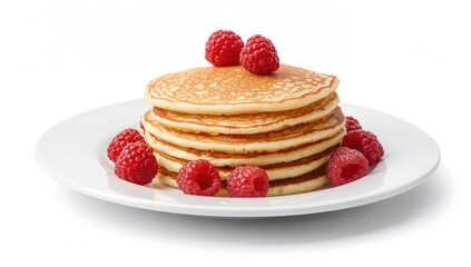 Delicious pancakes served on a plain white plate, featuring fresh red raspberries, a fiber-dense choice