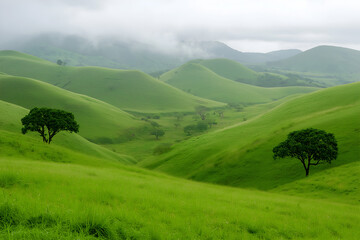 A serene landscape of rolling green hills covered in mist and low clouds, creating a peaceful and dreamlike natural scenery.
