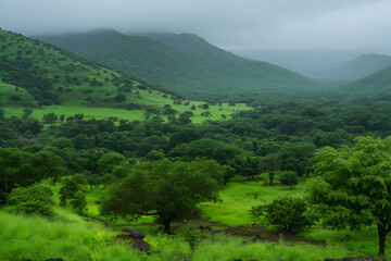 Obraz premium A serene landscape of rolling green hills covered in mist and low clouds, creating a peaceful and dreamlike natural scenery.