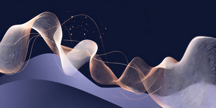 Elegant glowing abstract wave forms undulate across a deep midnight blue background.