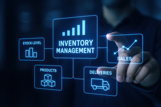 Inventory management and stock level technology combine to support business data and interaction systems