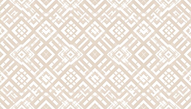Geometric, symmetrical pattern featuring interlocking, angular shapes in a warm beige and white palette. The design suggests a textured effect