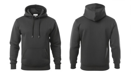 Two dark gray hoodies displayed front and back for apparel photography isolated on transparent background