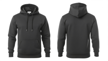 Two dark gray hoodies displayed front and back for apparel photography isolated on transparent background