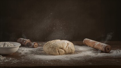 Bakery dough resting on a rustic wooden surface with a dark backdrop and space for an item