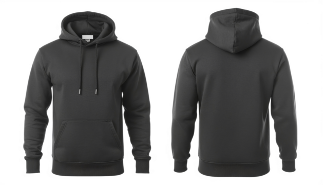 Two dark gray hoodies displayed front and back for apparel photography isolated on transparent background