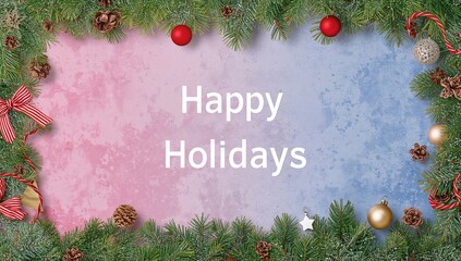 Joyful holiday greetings displayed over festive Christmas ornaments on a gradient pink to blue backdrop. A digital artwork embodying celebration, tradition, and festivity.